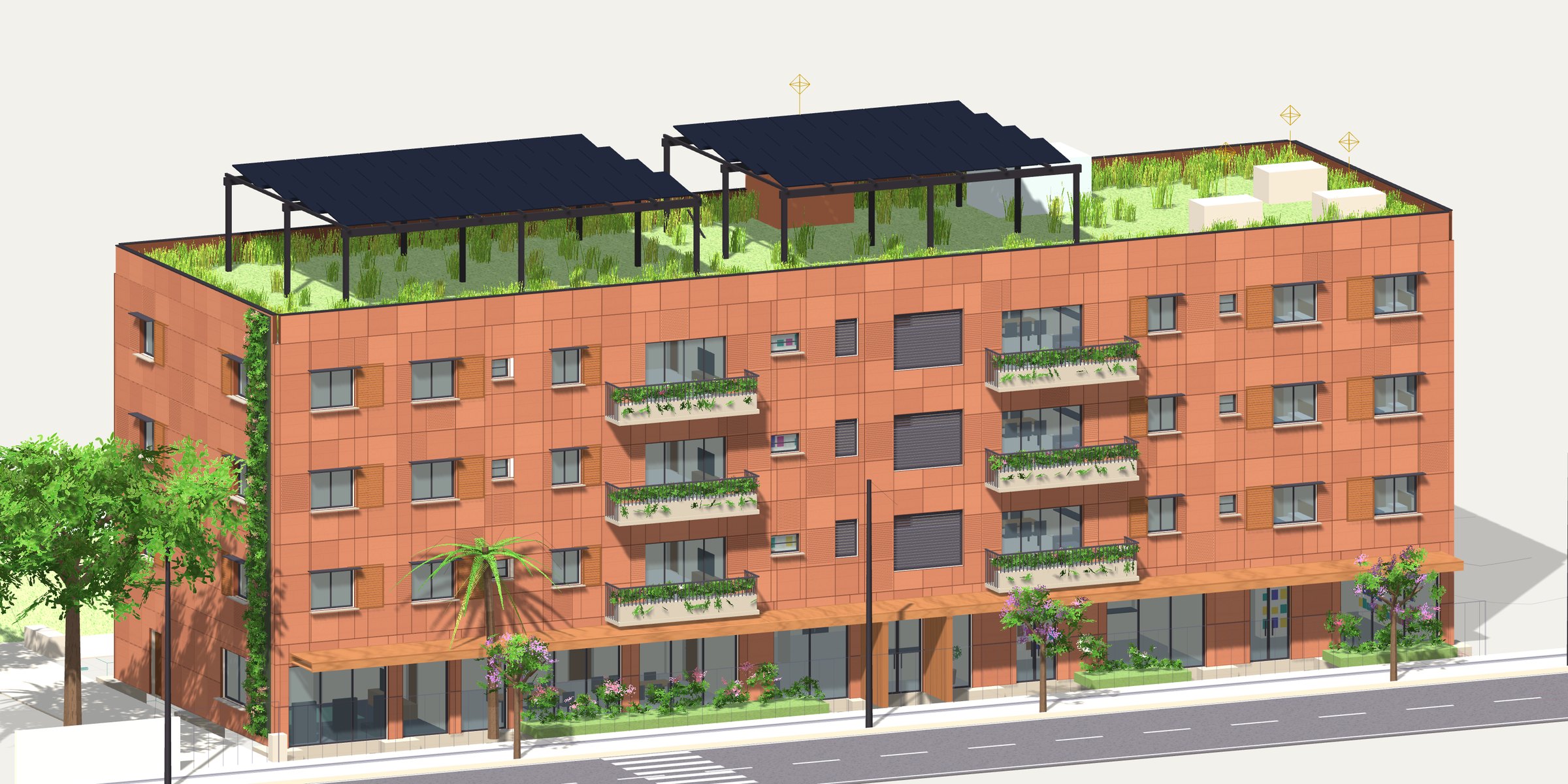 O mesmo prédio em BIM: fachada de terracota, brises de madeira, cobertura verde e dados de cada elemento